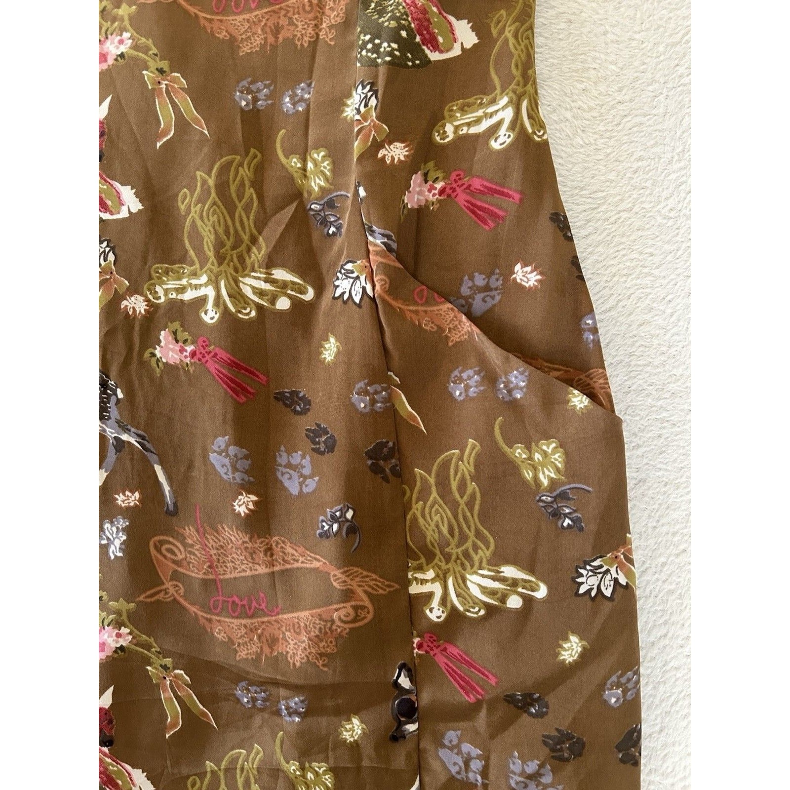 Frock Shop Silk Blend Midi Dress Brown Fairycore Woodland Print Sleeveless Sizem — image 7 of 8